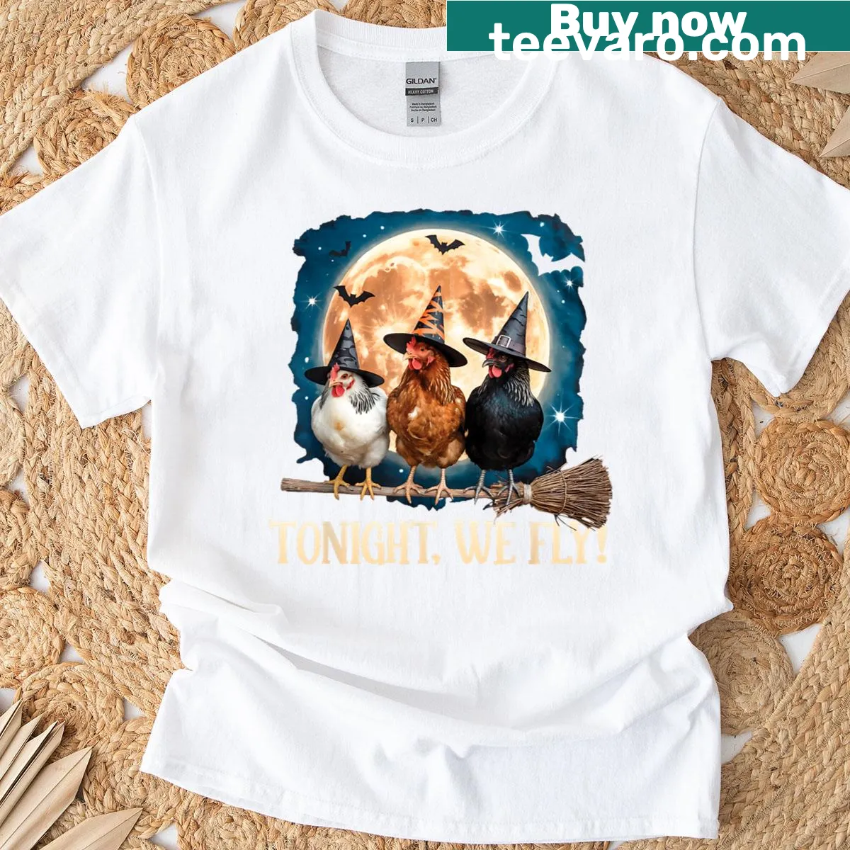 Funny Halloween design featuring a bat and chicken witch on a t-shirt — on a men's t-shirt