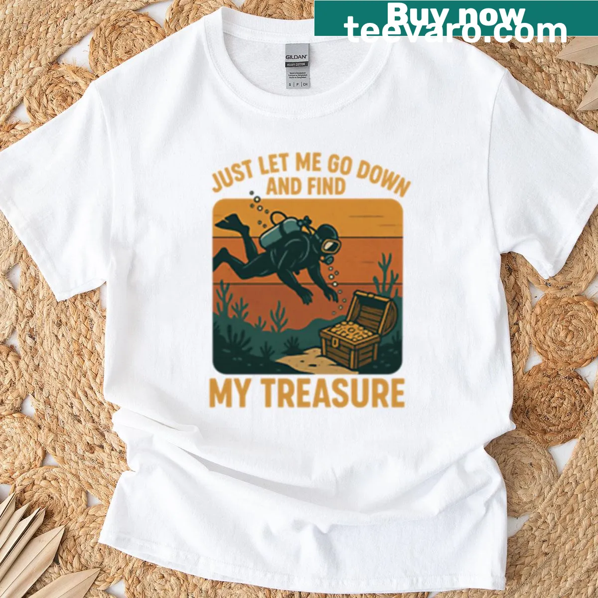 Adventurous T-shirt featuring treasure hunting graphics — on a men's t-shirt
