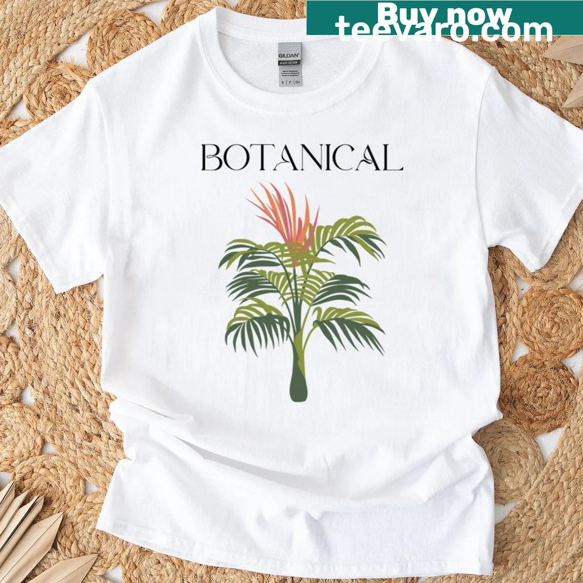 Stylized botanical crown graphic T-shirt inspired by tropical flora — on a men's t-shirt