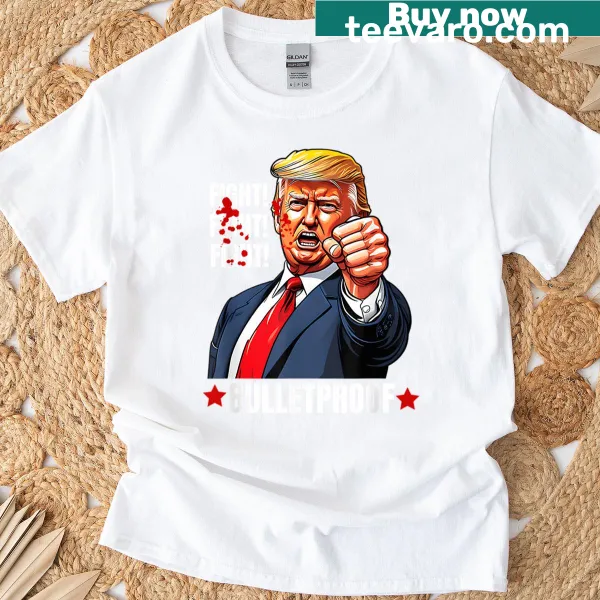 Satirical T-shirt featuring the phrase 'Trump Shot' with graphic elements