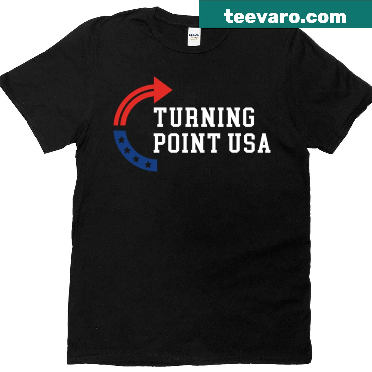 T-shirt featuring political jokes and American flag illustration — on a men's t-shirt