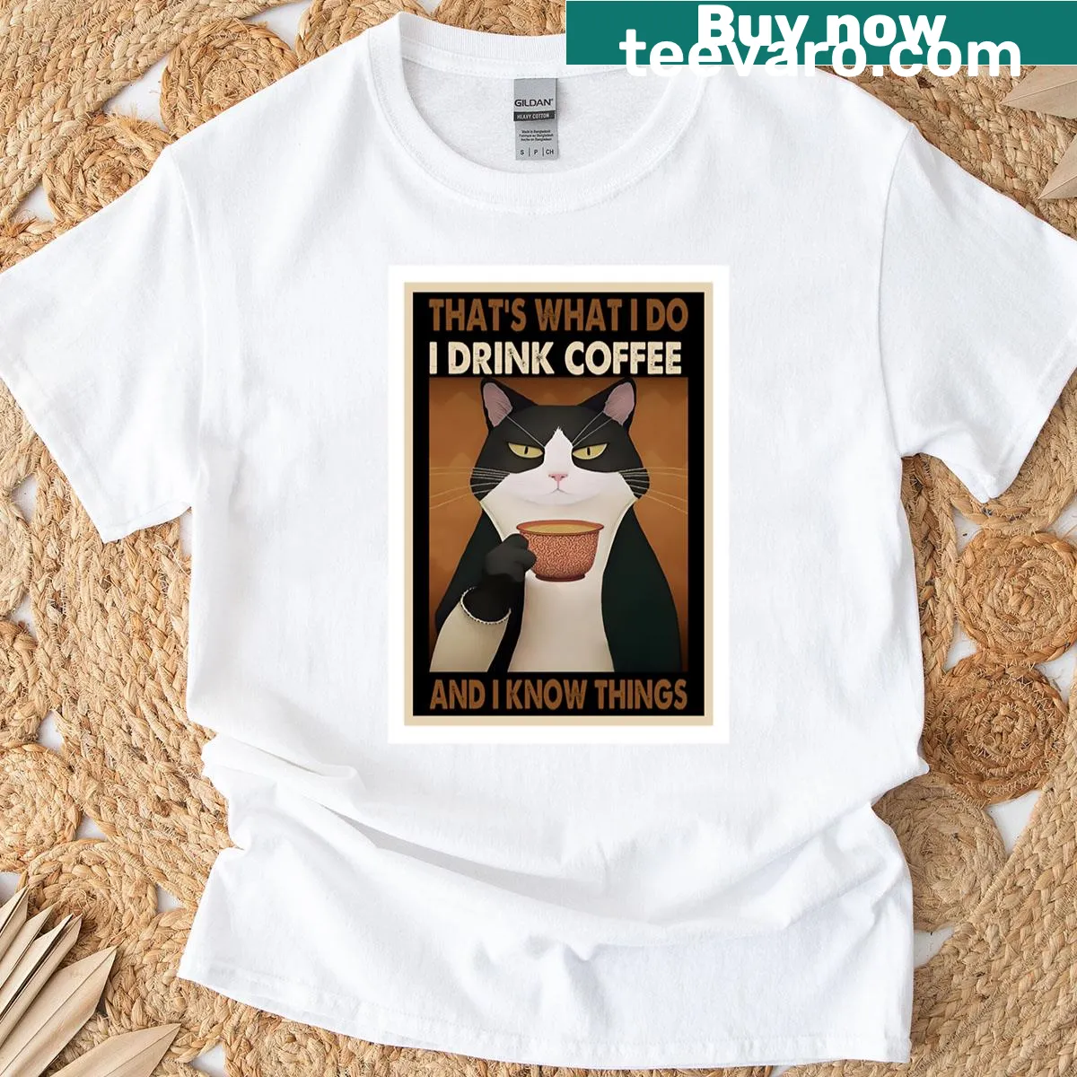 T-shirt with a tuxedo cat and coffee theme saying 'Drink Coffee And Know Things' — on a men's t-shirt