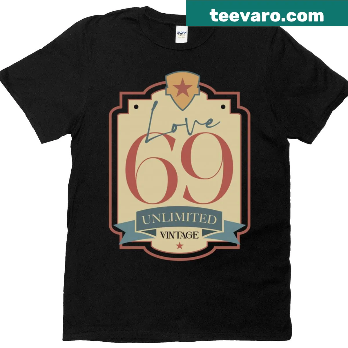 Retro graphic design T-shirt celebrating the vintage style of 1969 — on a men's t-shirt