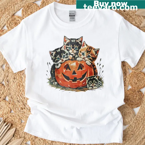 Retro Halloween T-shirt with a cat, pumpkin, and floral design
