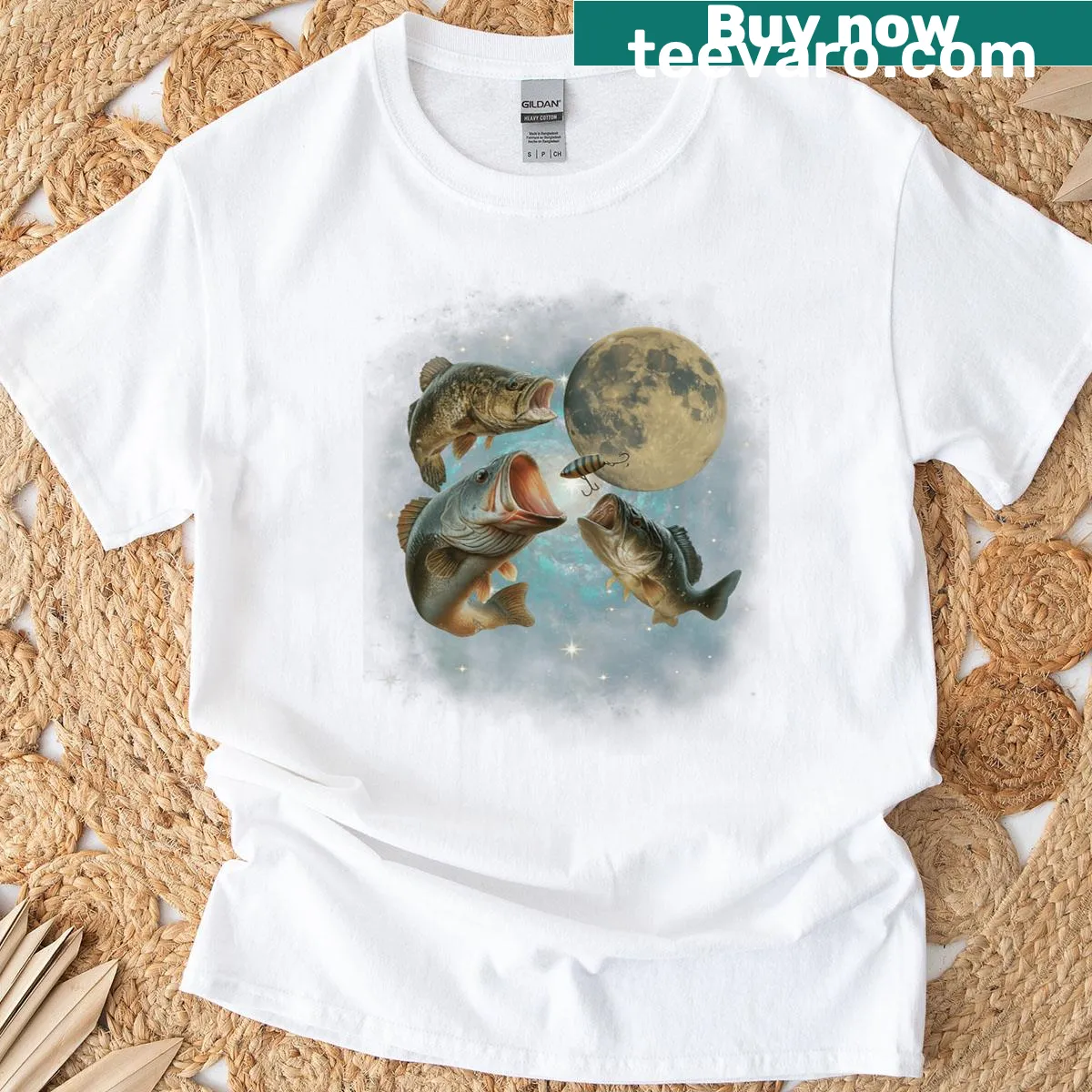 Vintage largemouth bass fishing T-shirt with moon graphic — on a men's t-shirt