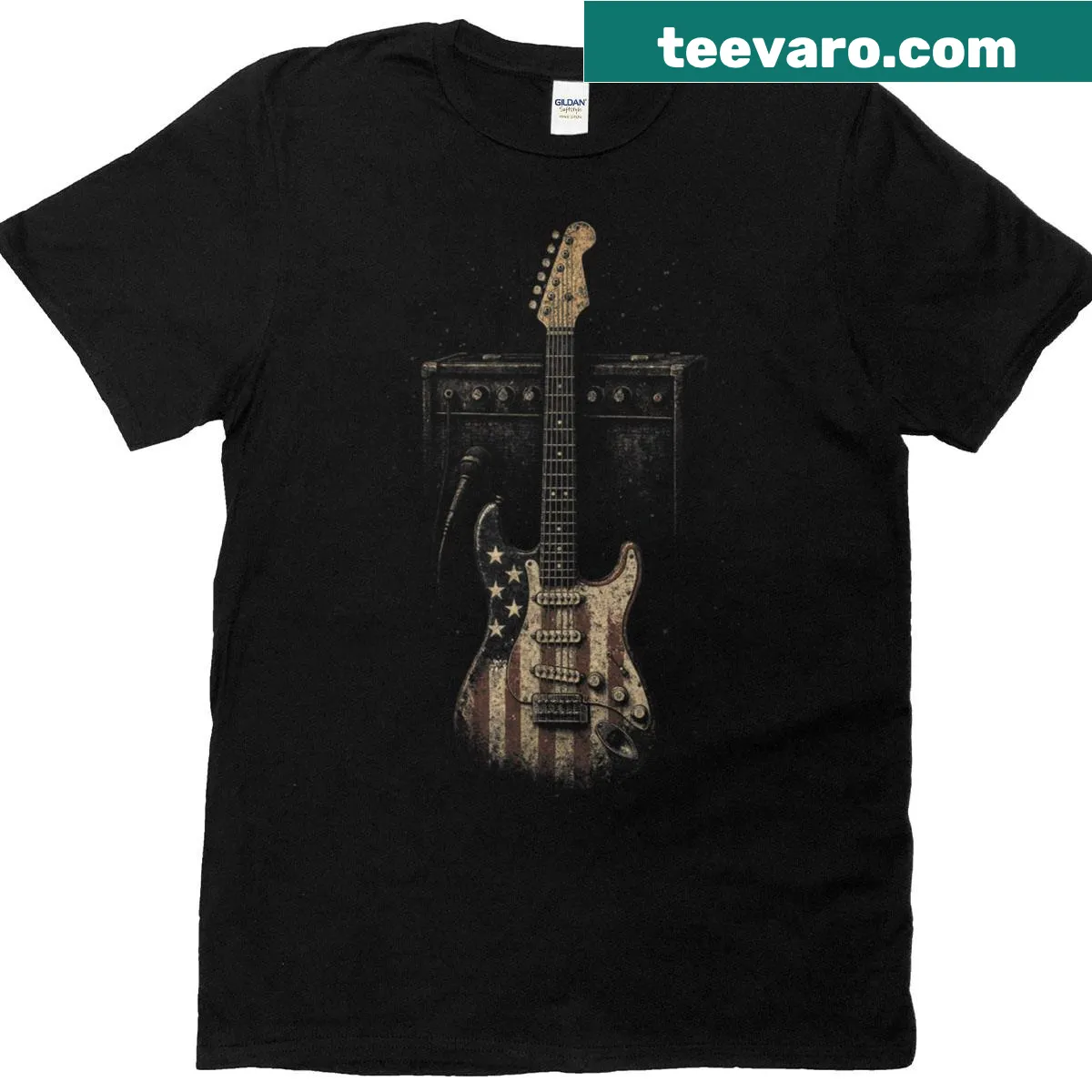 Vintage T-shirt featuring an American flag guitar design for the Fourth of July — on a men's t-shirt