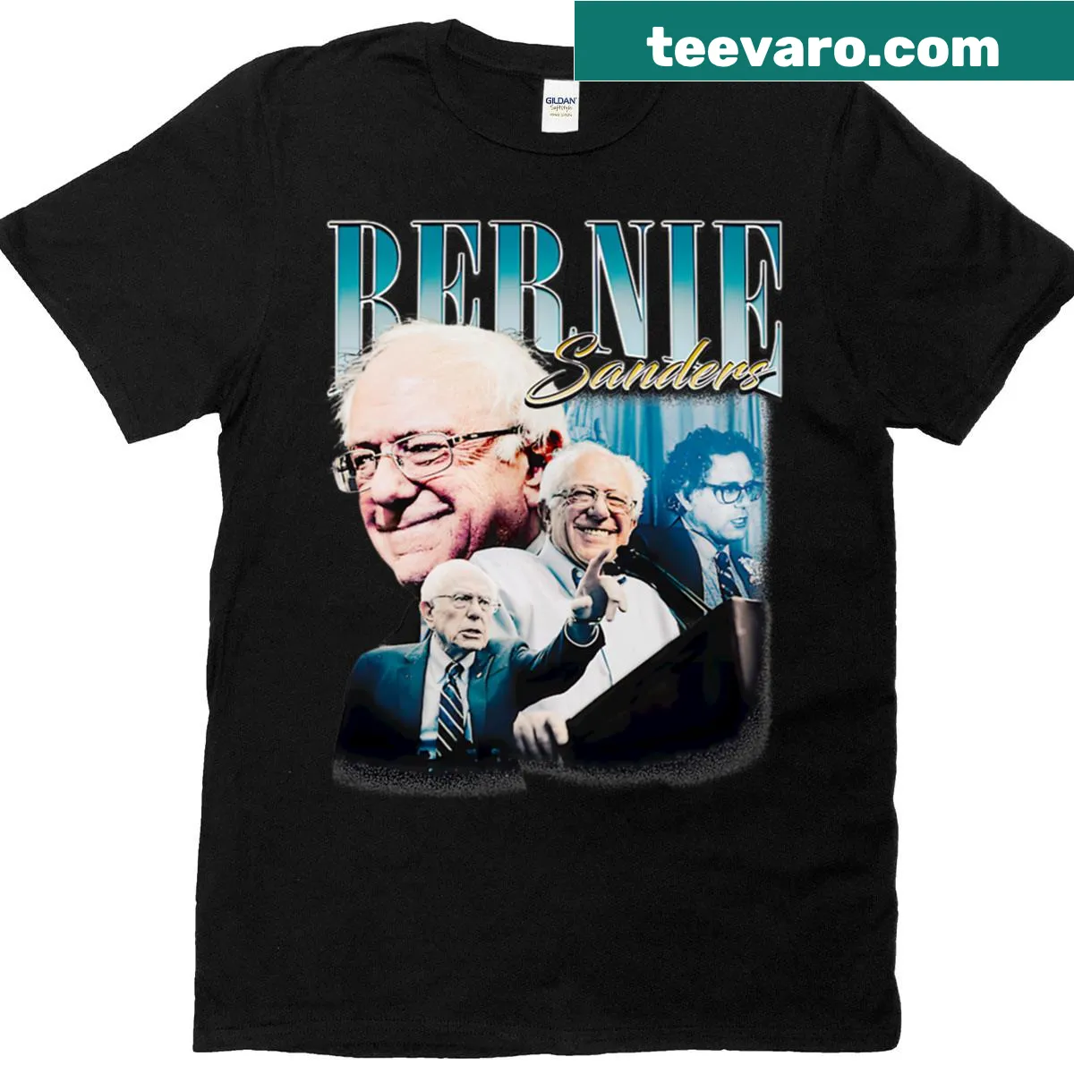 Vintage Bernie Sanders collage T-shirt celebrating his iconic moments — on a men's t-shirt