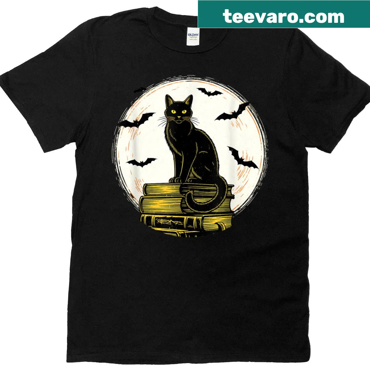 Vintage T-shirt featuring a black cat, moon, and books — on a men's t-shirt