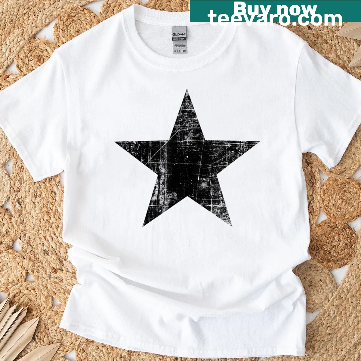 Bold star graphic on a Vintage Black T-shirt — on a men's t-shirt