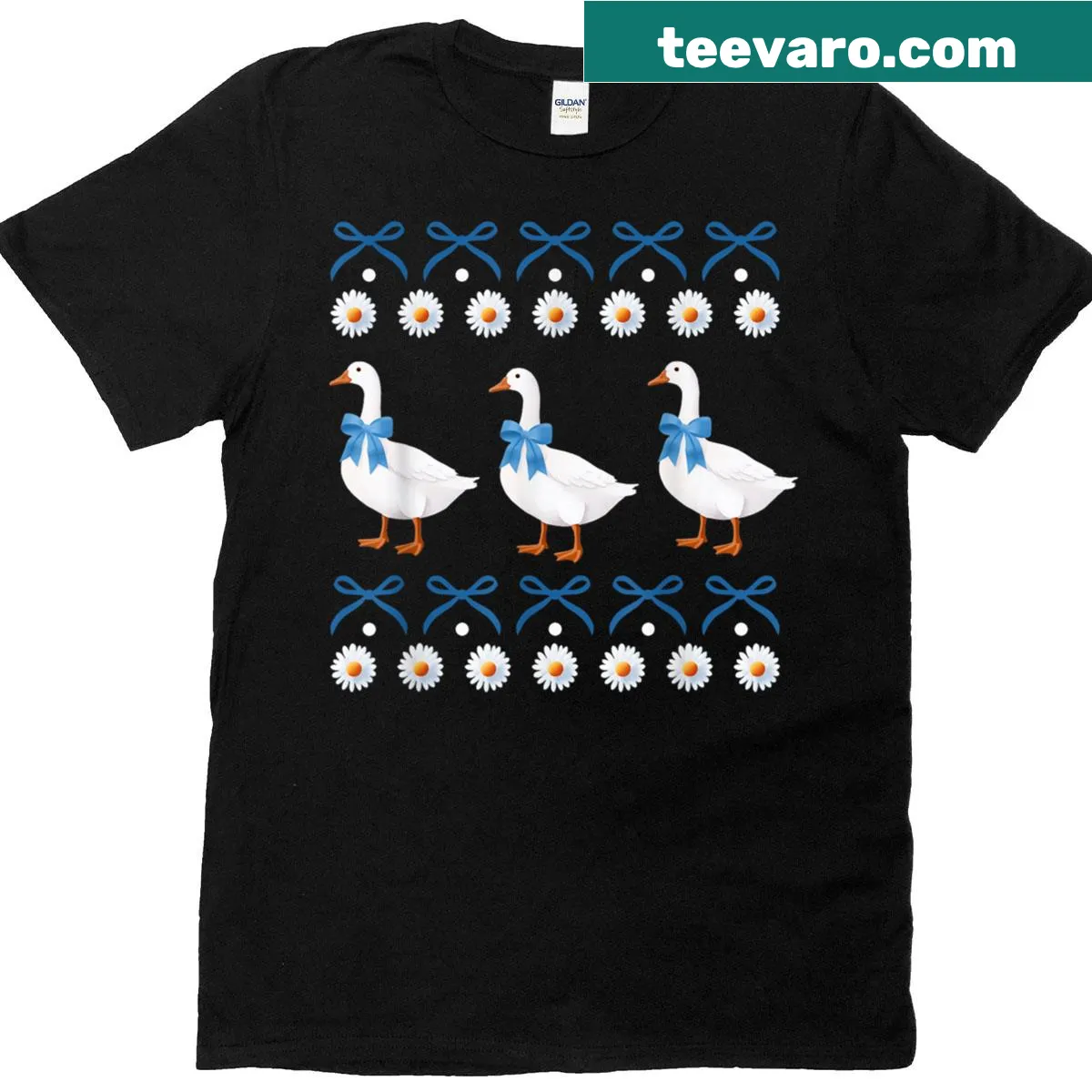 Cartoon T-shirt featuring a vintage blue bow and country goose design, perfect for retro lovers. — on a men's t-shirt