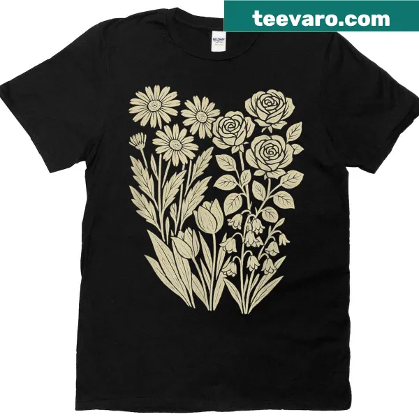 Botanical floral illustration T-shirt featuring daisies, roses, and tulips