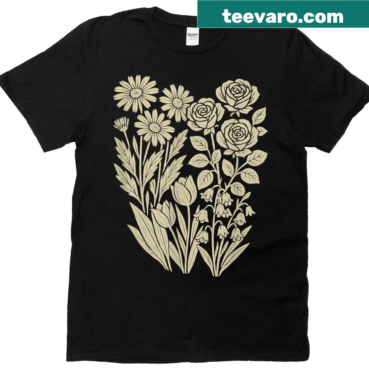 Botanical floral illustration T-shirt featuring daisies, roses, and tulips — on a men's t-shirt