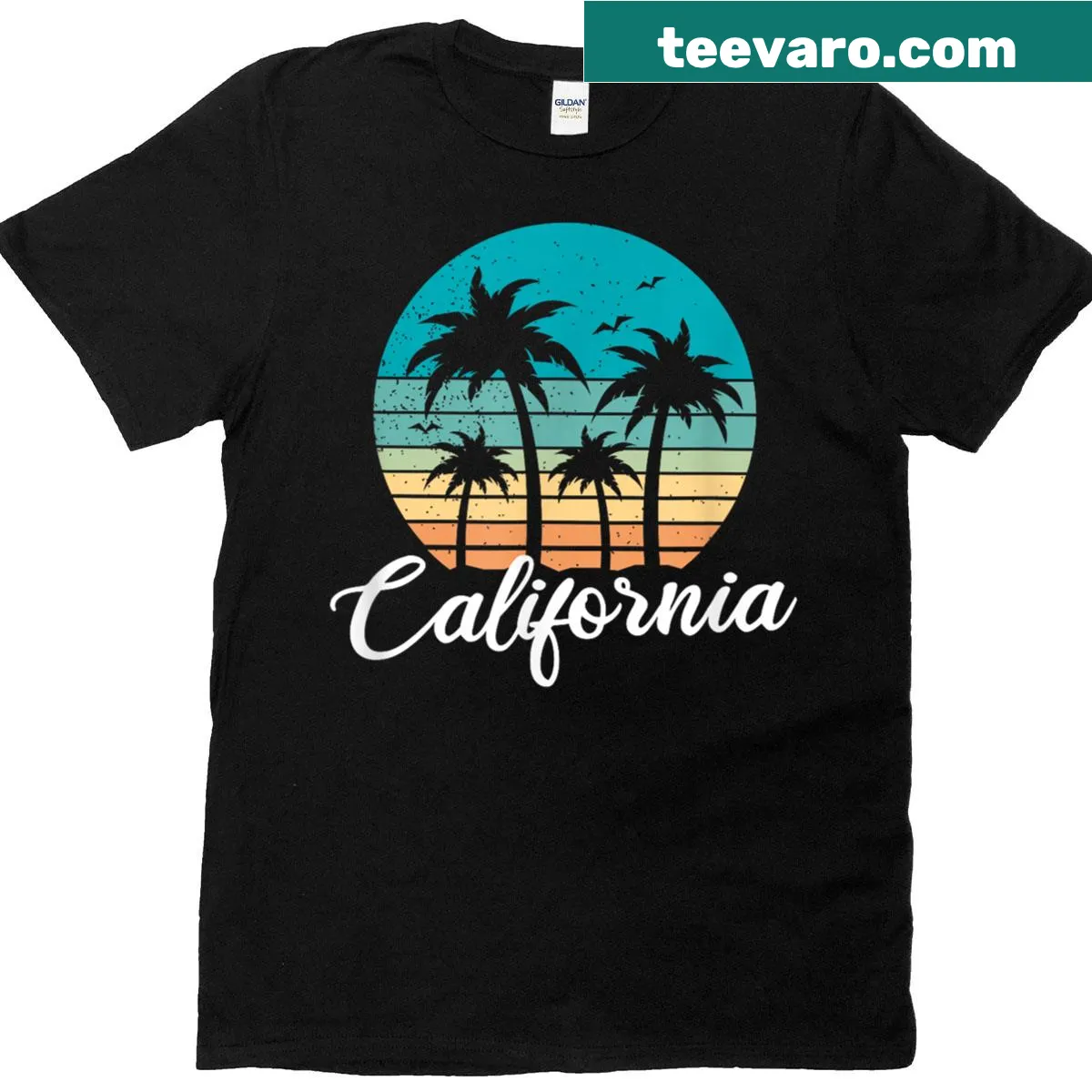 80s style California sunset and palm trees graphic T-shirt — on a men's t-shirt