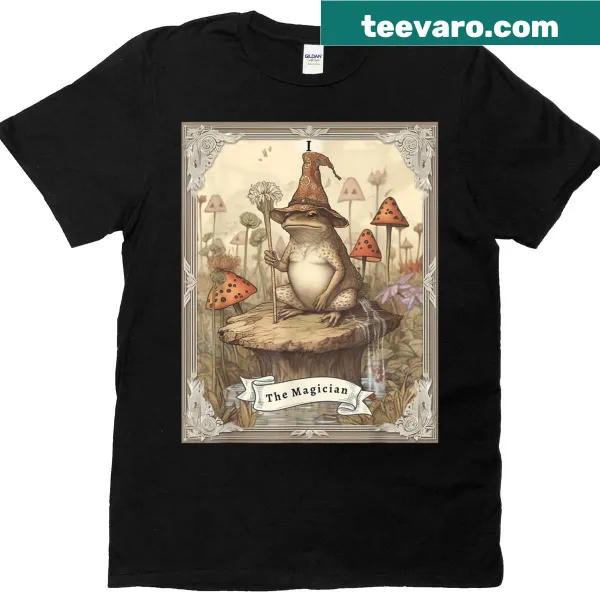 Illustration of a wizard frog riding a snail on a tarot card t-shirt