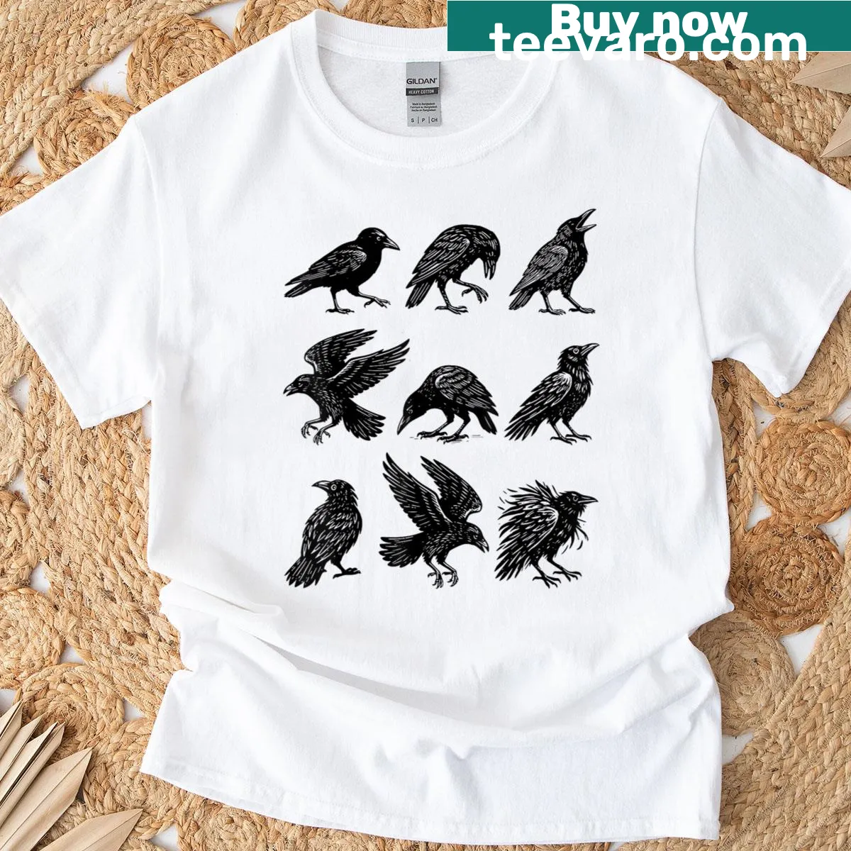 Linocut graphic of crows and forest on vintage-style T-shirt — on a men's t-shirt
