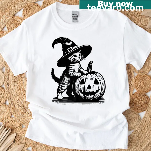 Cute vintage Halloween graphic featuring a witch cat and pumpkin