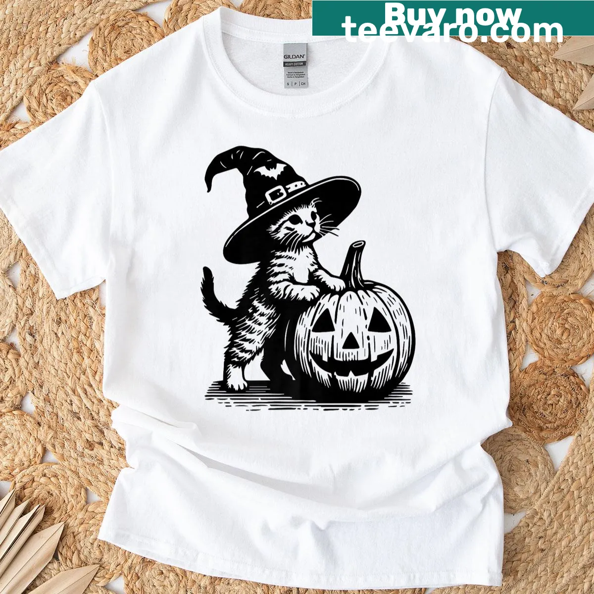 Cute vintage Halloween graphic featuring a witch cat and pumpkin — on a men's t-shirt