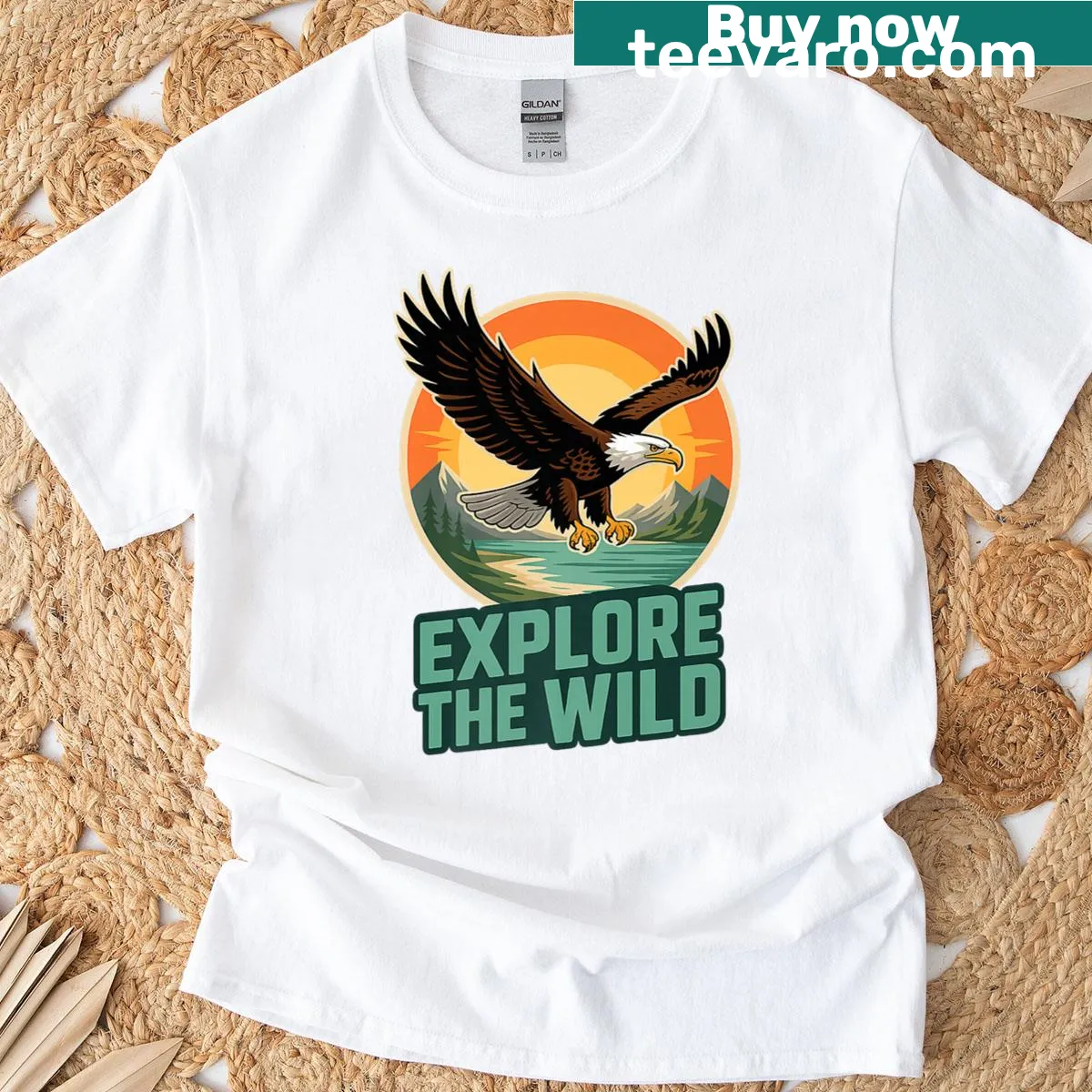 Retro T-shirt featuring an eagle flying over a national park landscape illustration — on a men's t-shirt
