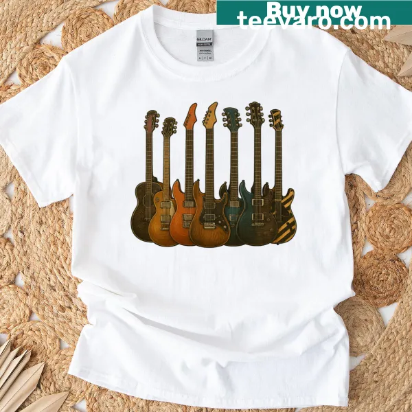 Electric guitar and coffee graphic on a Vintage T-shirt