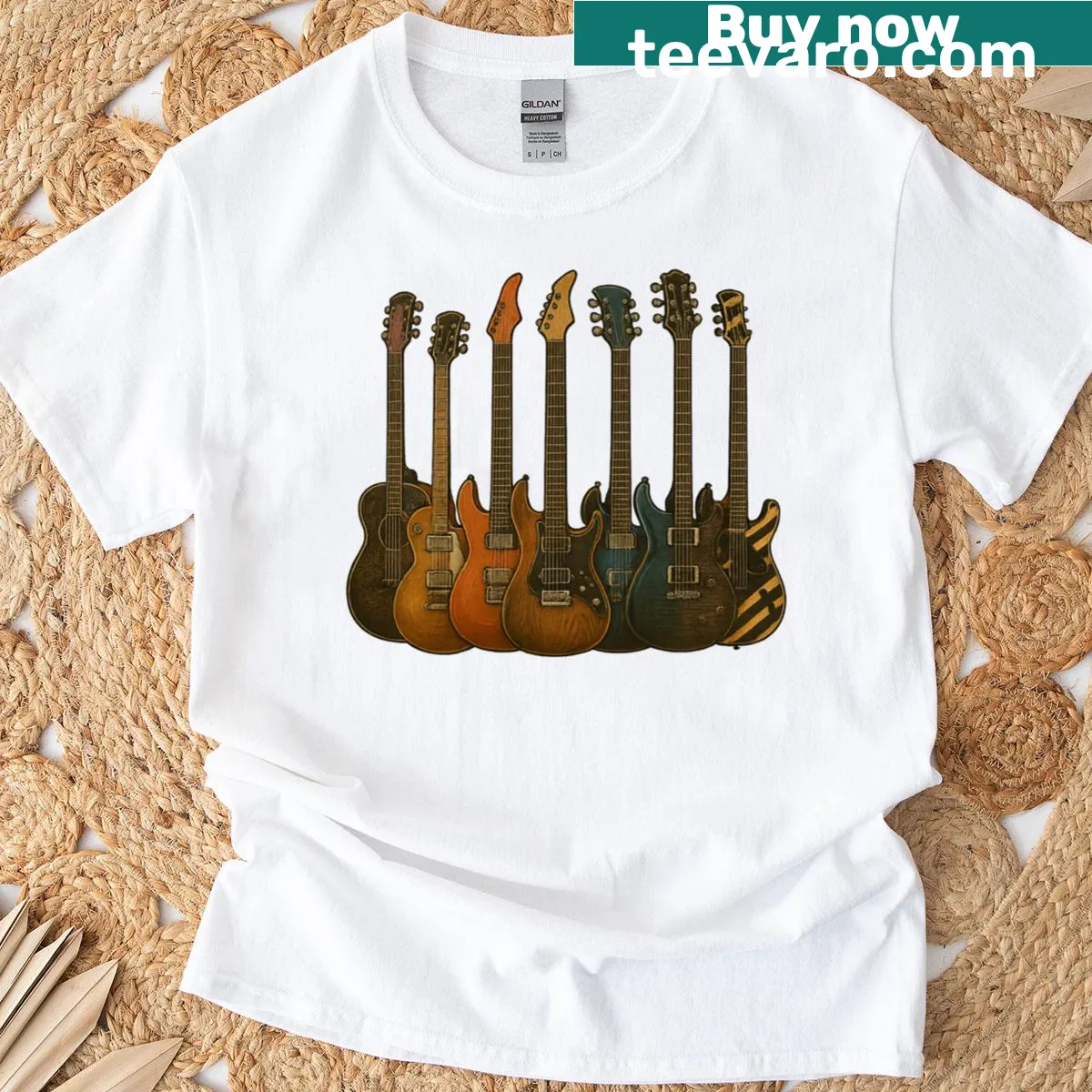 Electric guitar and coffee graphic on a Vintage T-shirt — on a men's t-shirt