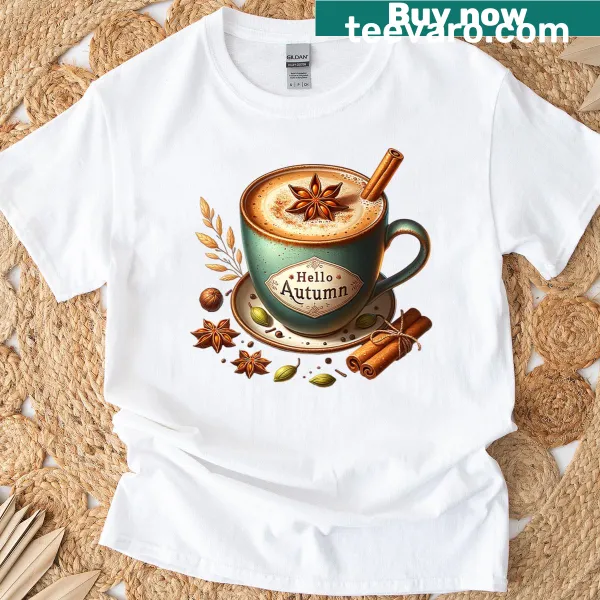 Vintage-style T-shirt with fall coffee graphic and autumn elements