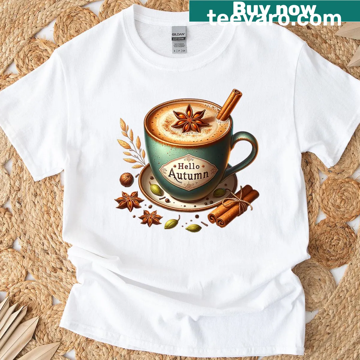 Vintage-style T-shirt with fall coffee graphic and autumn elements — on a men's t-shirt