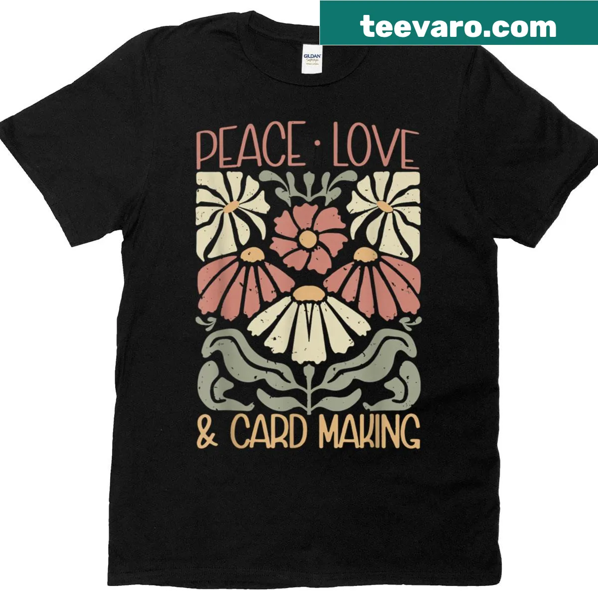 Floral graphic with peace love design for card makers — on a men's t-shirt