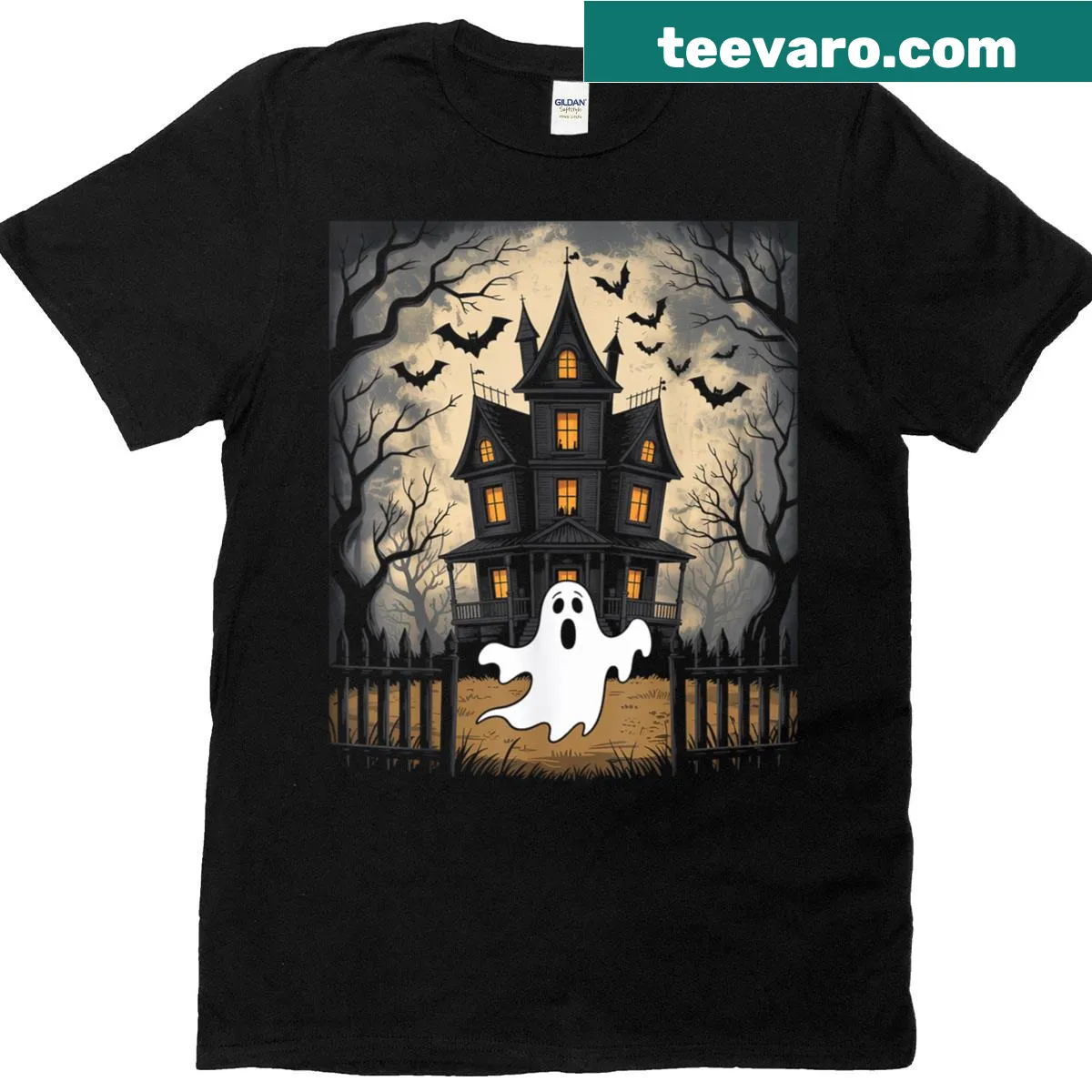 Vintage haunted house with ghosts and bats Halloween t-shirt — on a men's t-shirt