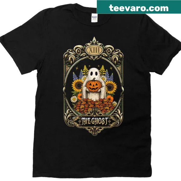 Vintage Halloween T-shirt with ghost, pumpkin, tarot card, and flowers