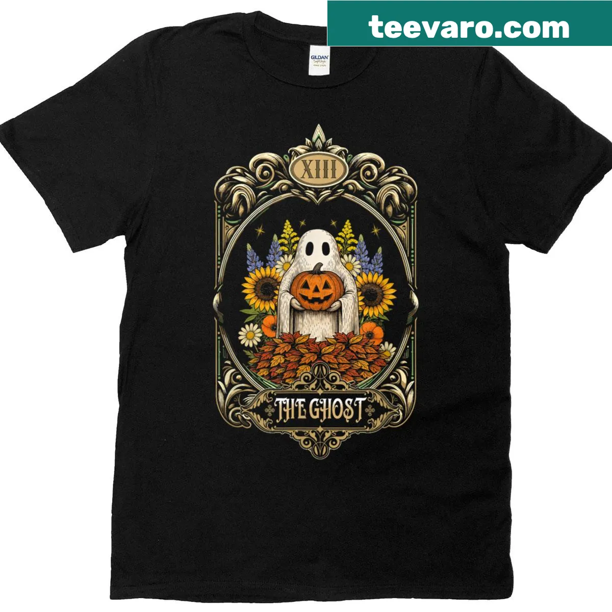 Vintage Halloween T-shirt with ghost, pumpkin, tarot card, and flowers — on a men's t-shirt