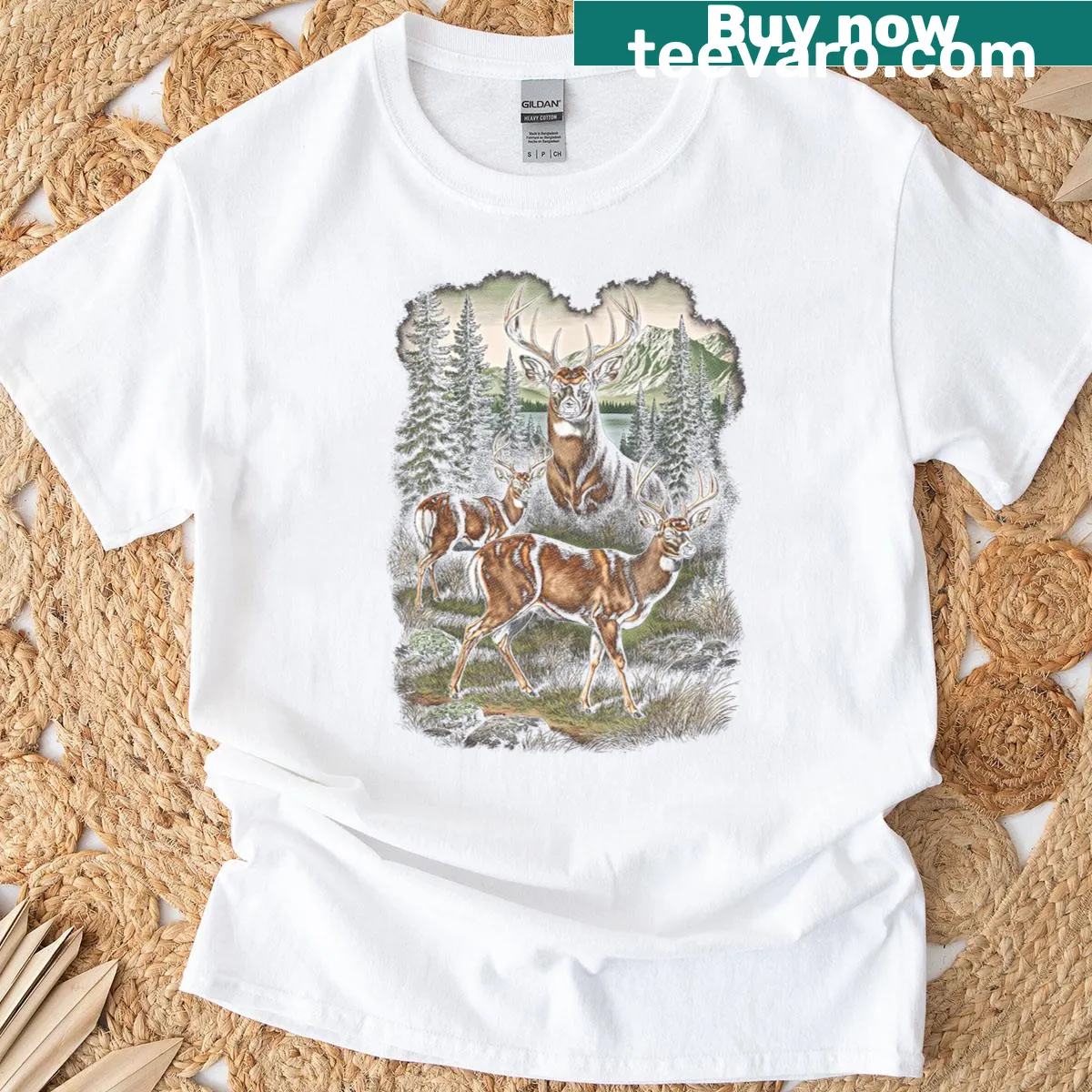 Retro graphic T-shirt featuring a deer in vintage grunge style — on a men's t-shirt