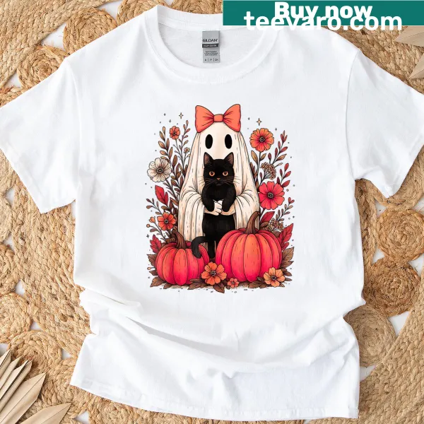 Cartoon T-shirt featuring a ghost holding a black cat and floral designs
