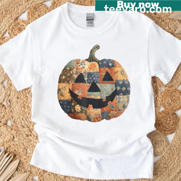 Patchwork pumpkin graphic on a Vintage Halloween T-shirt