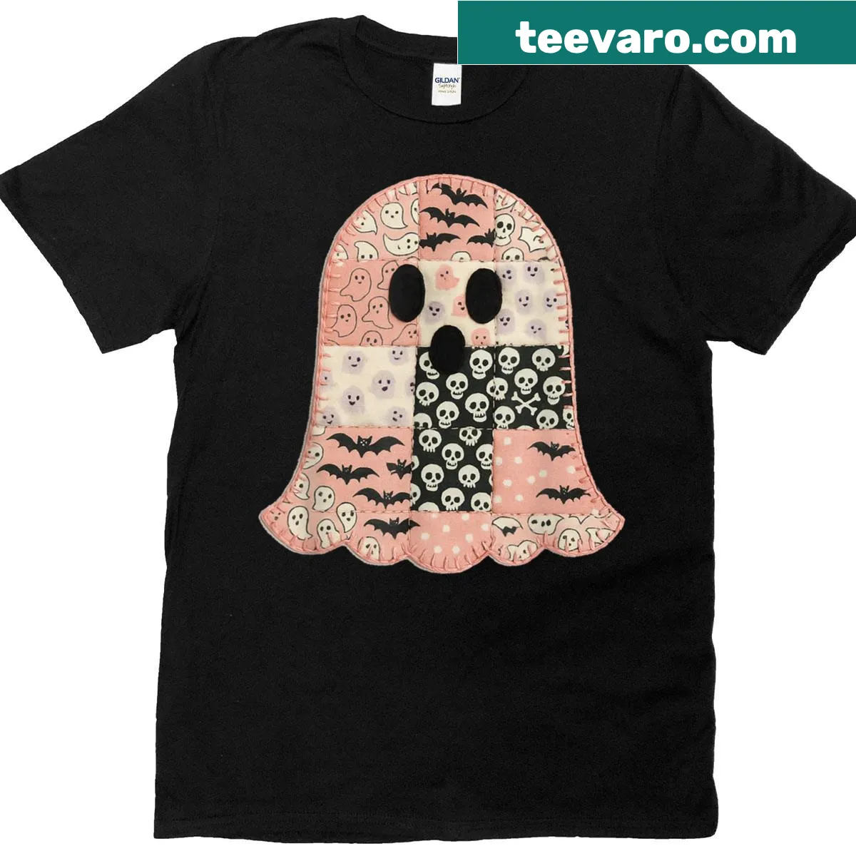Vintage Halloween t-shirt featuring a playful patchwork ghost design — on a men's t-shirt