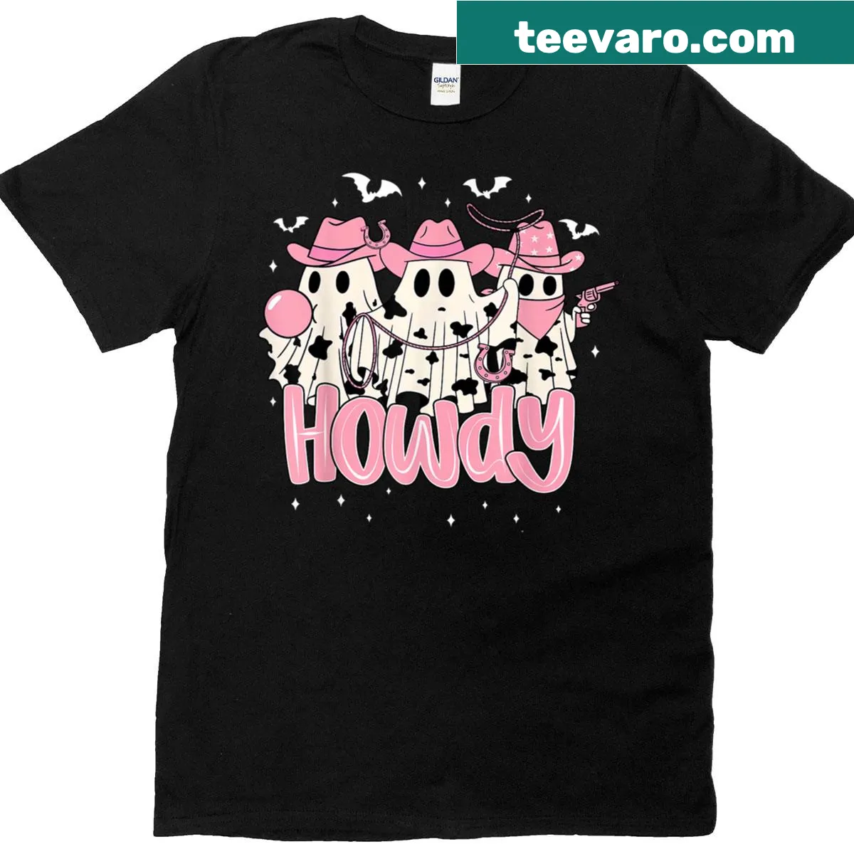 Whimsical T-shirt featuring a friendly ghost in cowboy attire — on a men's t-shirt