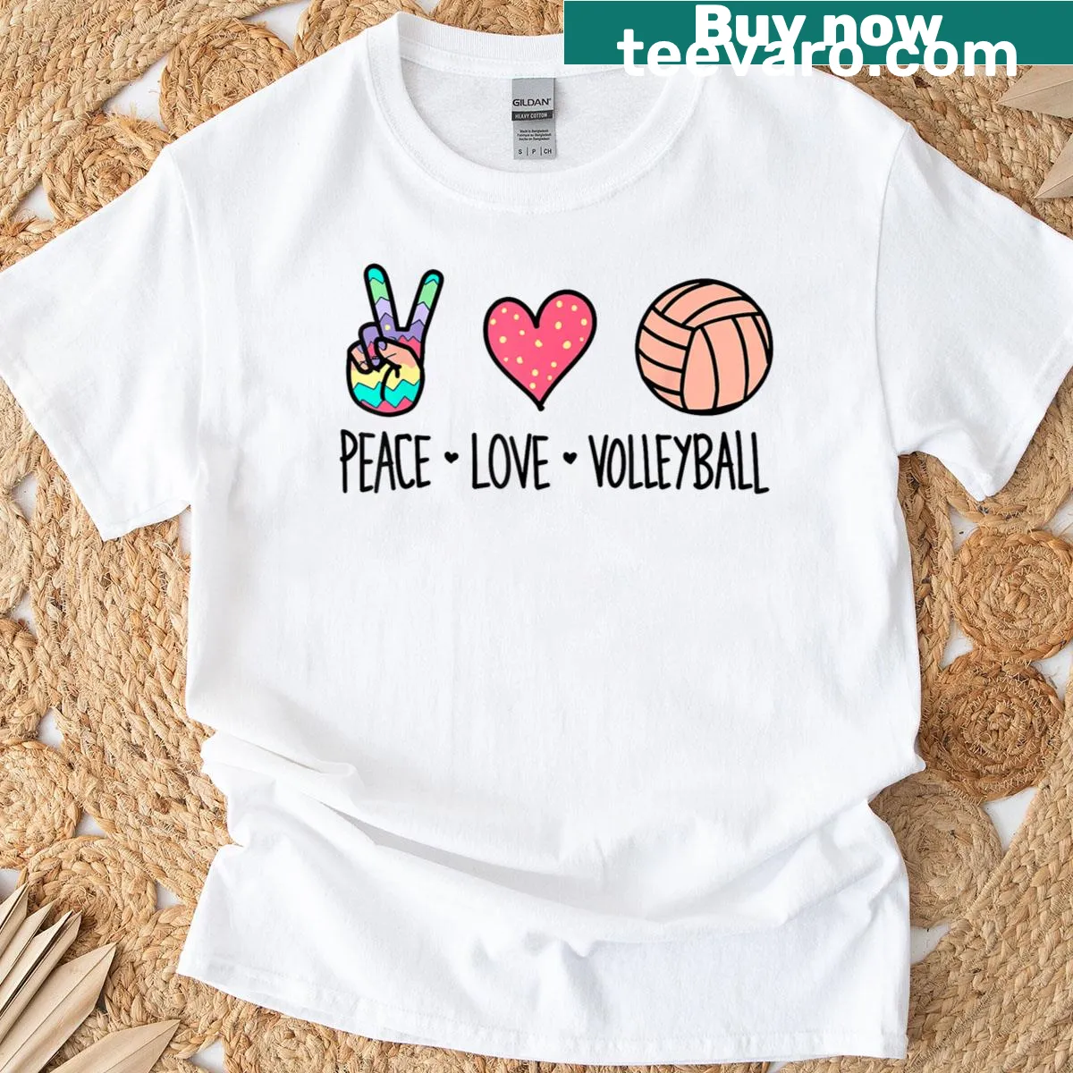 Vintage t-shirt celebrating peace, love, and volleyball — on a men's t-shirt