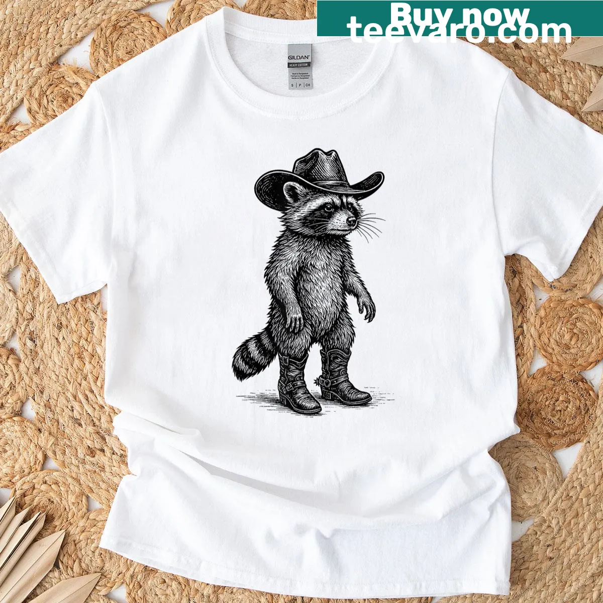 Vintage raccoon cowboy T-shirt with whimsical illustration — on a men's t-shirt