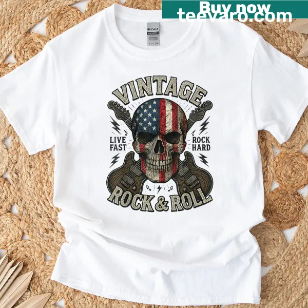 Vintage rock-themed T-shirt with skull, American flag, and guitar