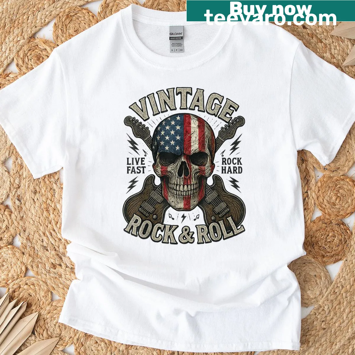Vintage rock-themed T-shirt with skull, American flag, and guitar — on a men's t-shirt