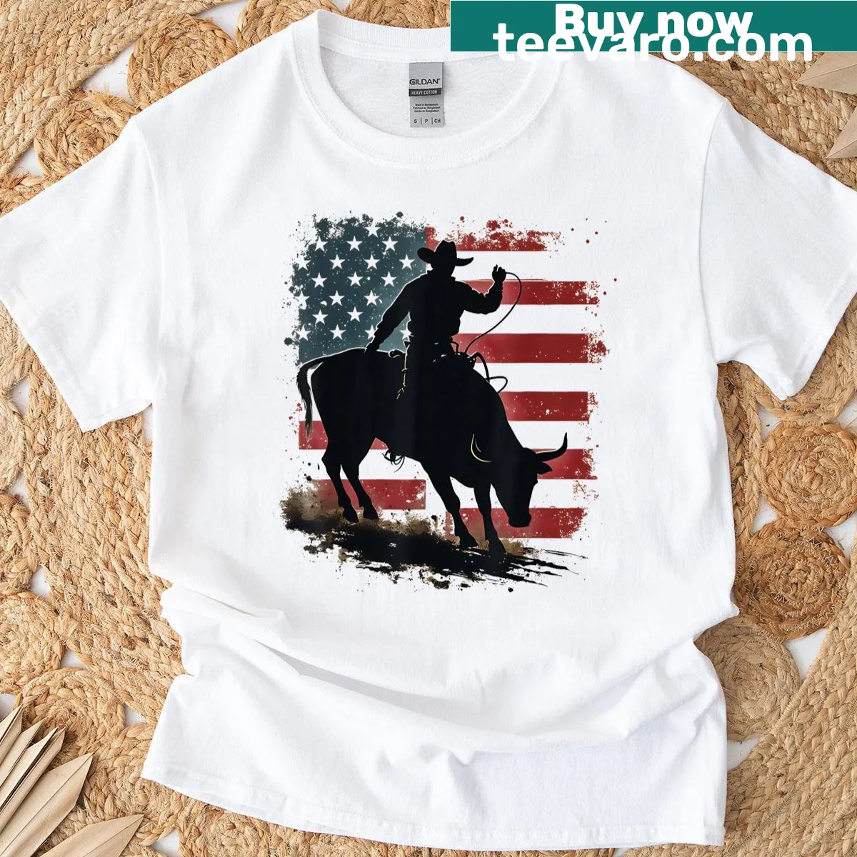 Vintage cowboy and bull graphic with USA flag on T-shirt — on a men's t-shirt