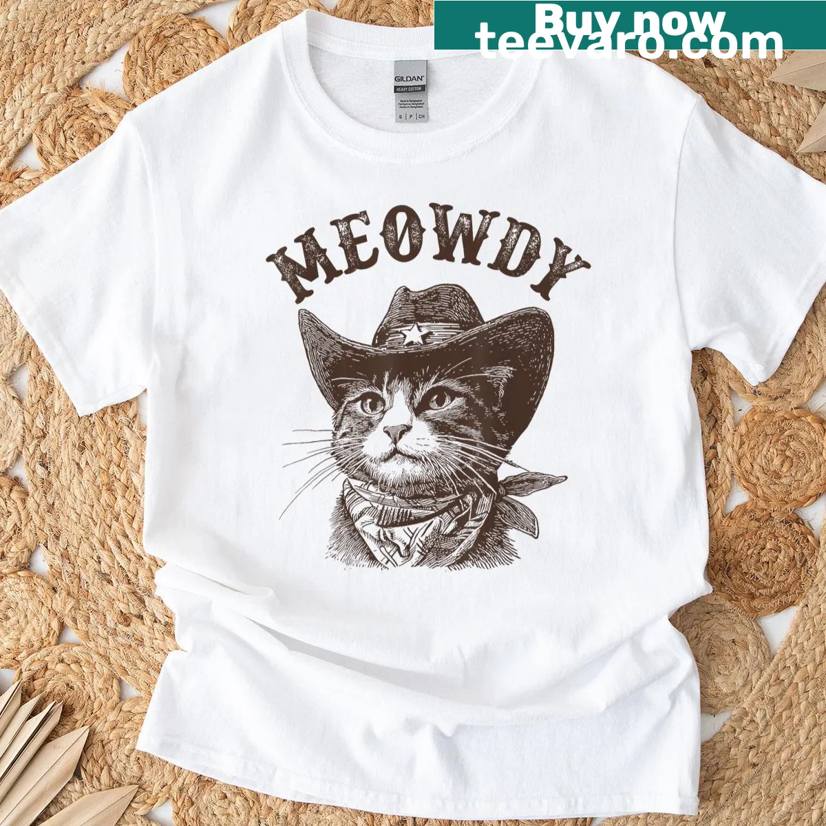 Vintage rodeo cat graphic t-shirt with 'Meowdy' text — on a men's t-shirt