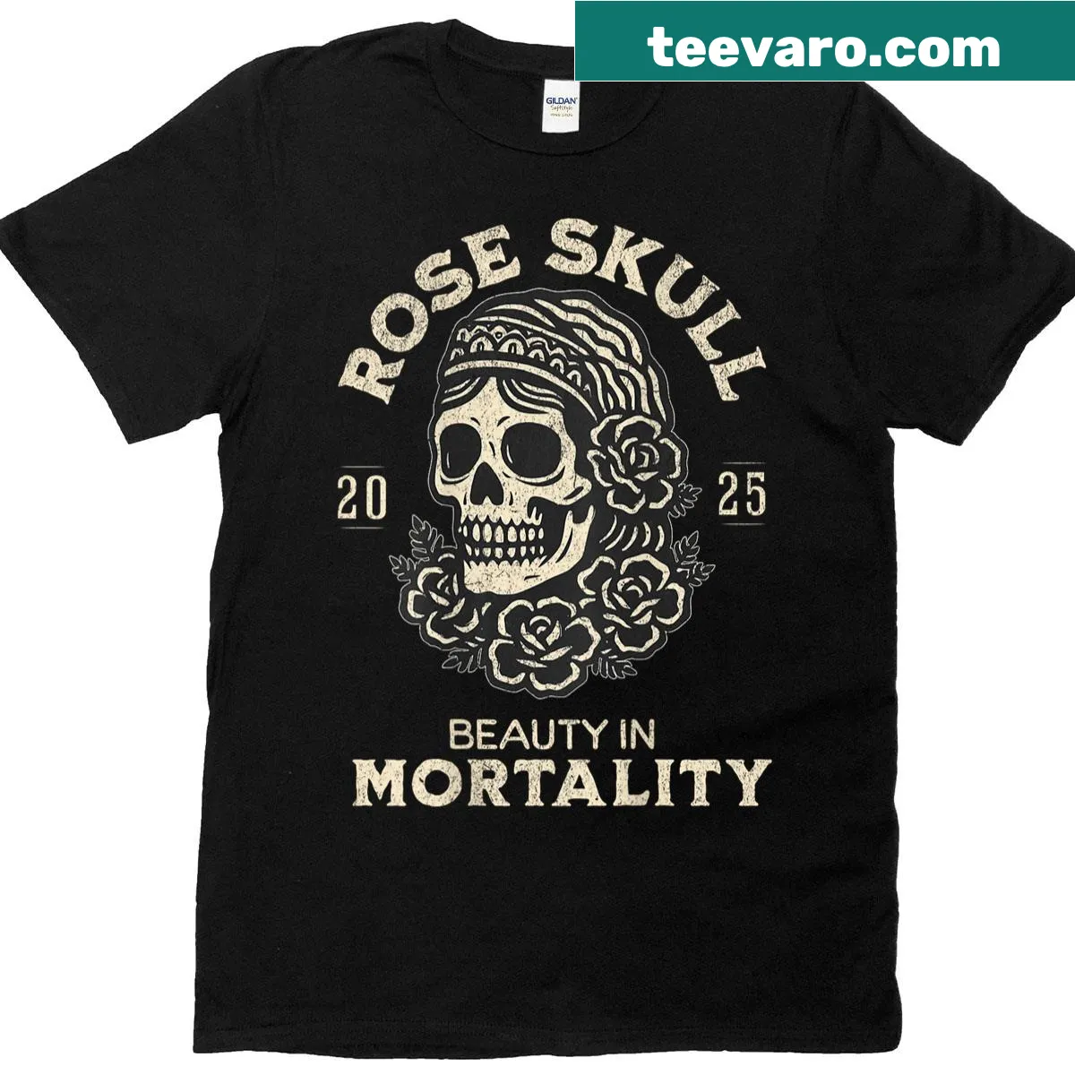 Gothic floral artwork t-shirt with skull and roses design — on a men's t-shirt