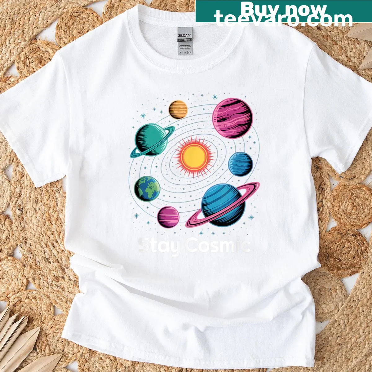 Vintage cosmic T-shirt with planets and galaxies theme — on a men's t-shirt