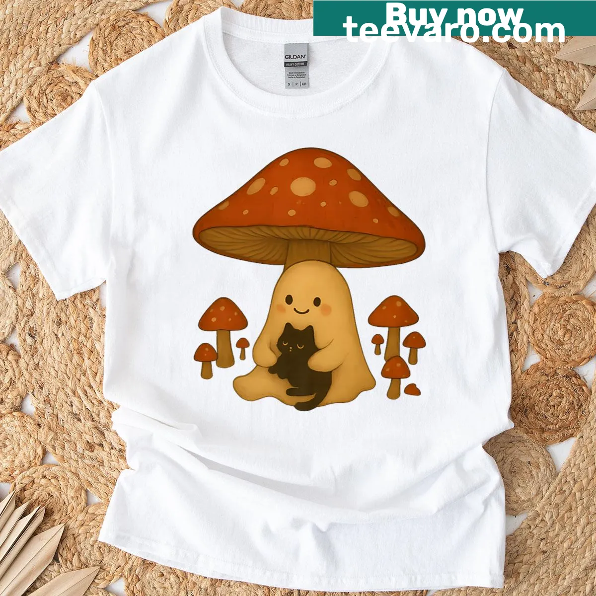 Vintage Halloween T-shirt with ghost and black cat design — on a men's t-shirt