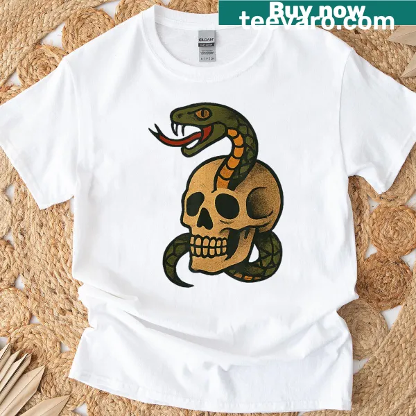 Skull and snake tattoo graphic on a retro-style T-shirt