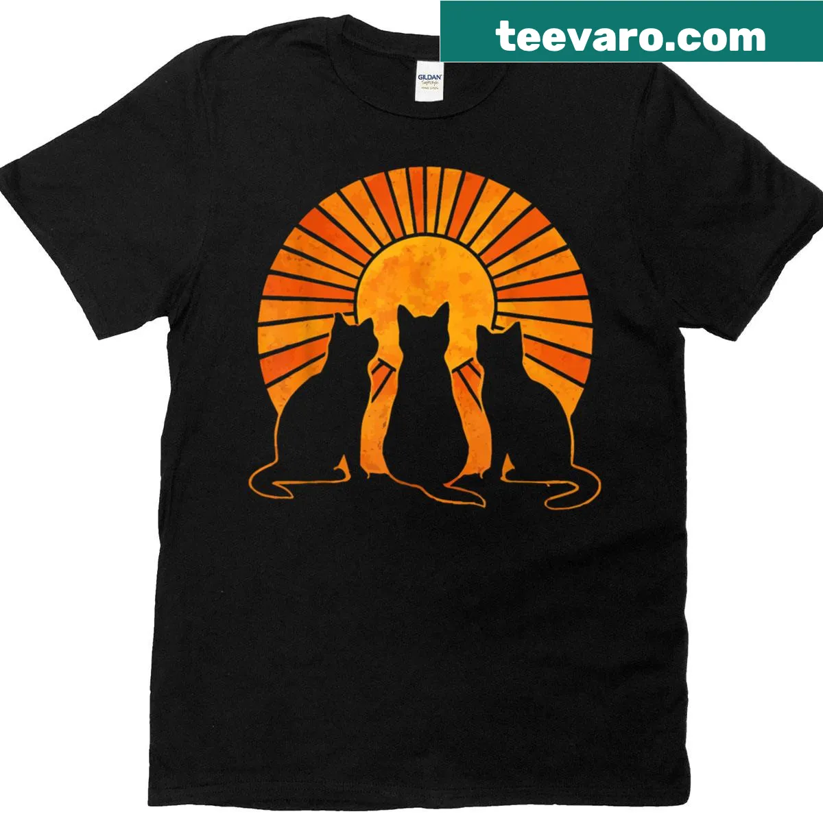 Silhouette of three cats against a retro sunset on a T-shirt — on a men's t-shirt