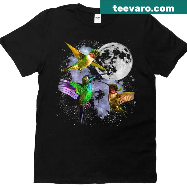 Three hummingbirds howling at the moon graphic on a T-shirt
