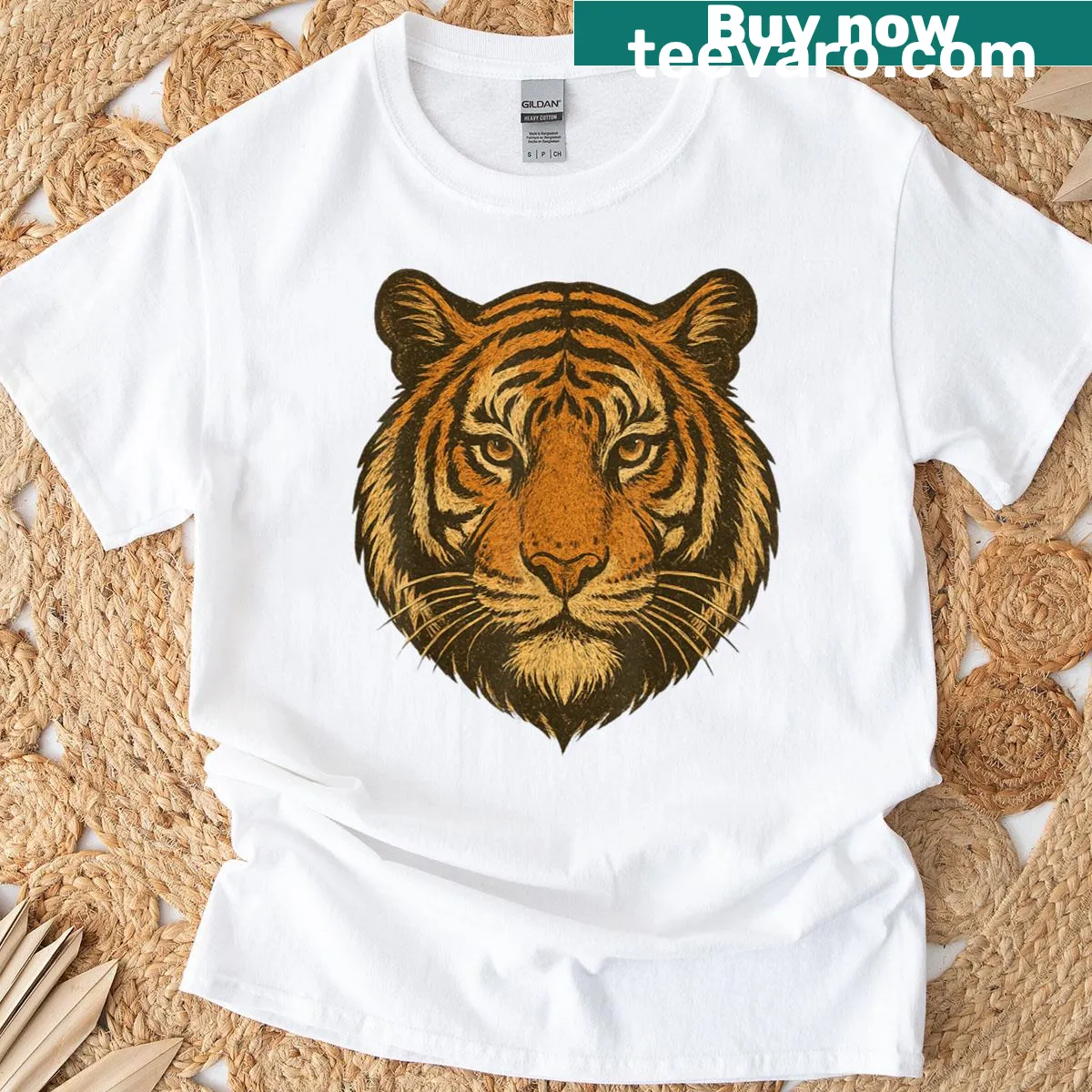 Retro tiger graphic T-shirt for animal lovers — on a men's t-shirt