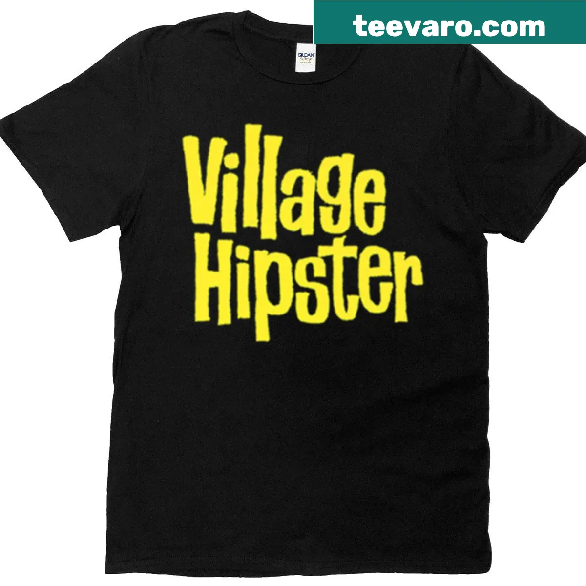 Cartoon-style vintage village graphic on a hipster t-shirt — on a men's t-shirt