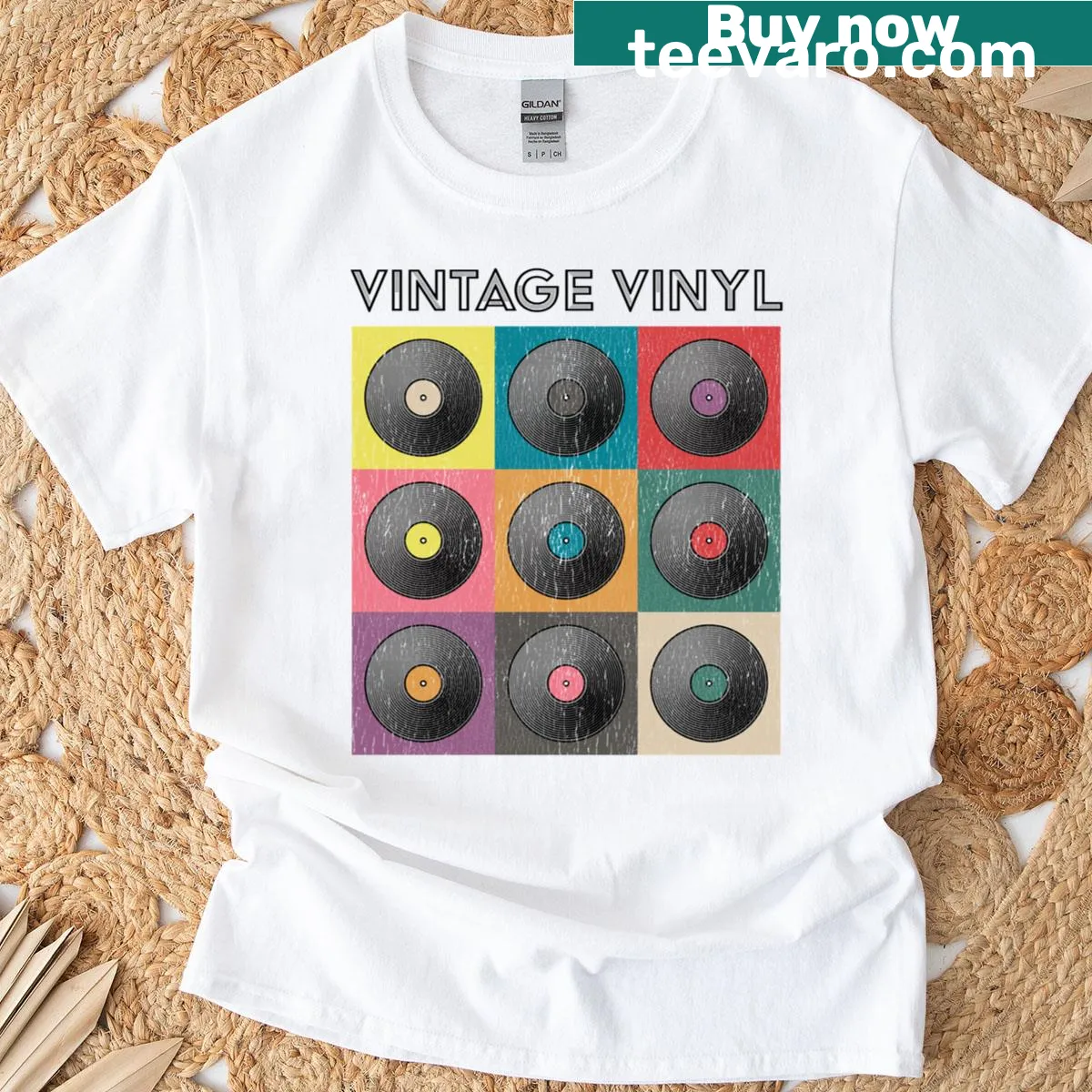 Vintage T-shirt featuring vinyl records design — on a men's t-shirt